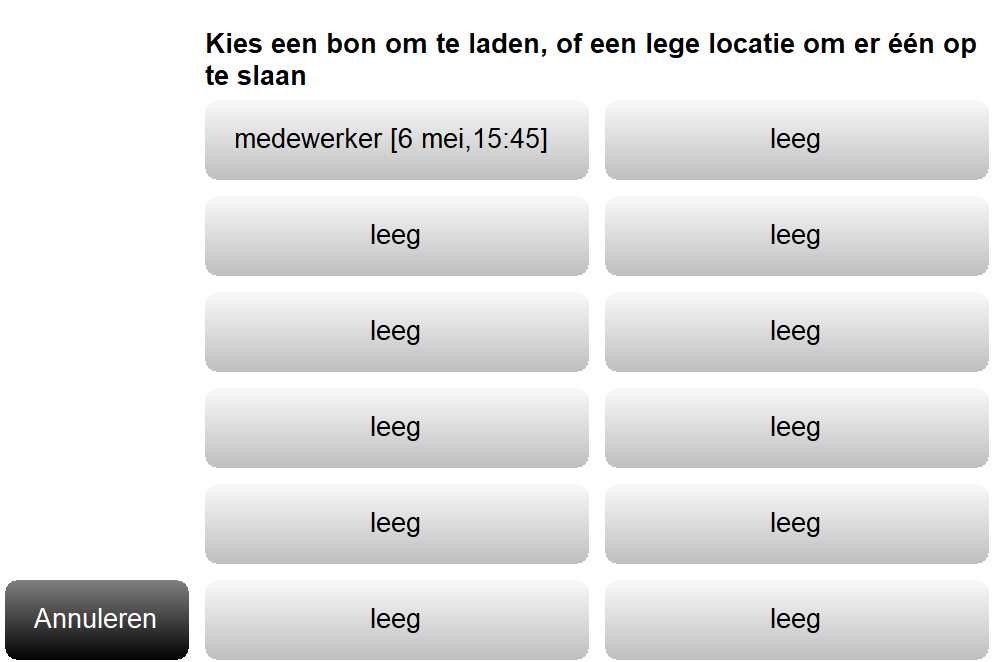 Scherm van F8 – Geheugen met de melding: Kies een bon om te laden, of een lege locatie om er één op te slaan. In het scherm staan meerdere geheugenlocaties. Eén locatie bevat een opgeslagen bon met de tekst medewerker [6 mei, 15:45]. De overige locaties zijn leeg en kunnen gebruikt worden om een winkelmand op te slaan. Linksonder staat de knop Annuleren om het scherm te sluiten.