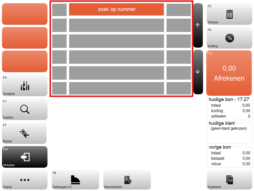 Screenshot van het Microcash kassascherm waarbij het winkelmandje rood is omlijnd. Het rood gemarkeerde gedeelte toont de artikelen die aan de huidige bon zijn toegevoegd. Bovenaan het winkelmandje staat de knop zoek op nummer. Daaronder staan meerdere lege artikelregels waar gescande of opgezochte producten verschijnen, inclusief de bijbehorende regels binnen de bon. Rechts naast het winkelmandje staan pijlen om door de artikelregels te scrollen. Het gemarkeerde winkelmandje is het centrale gedeelte van het kassascherm waar de inhoud van de huidige verkoop wordt weergegeven.