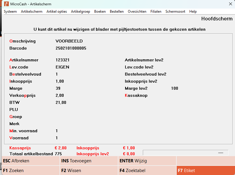 Screenshot van het Microcash artikelscherm met een geopend voorbeeldartikel. In het midden worden artikelgegevens getoond, zoals Omschrijving, Barcode, Artikelnummer, Leverancierscode, Inkoopprijs, Verkoopprijs, BTW, Groep, Voorraad en aanvullende velden voor level 2-gegevens. Onderaan staan de belangrijkste functietoetsen, waaronder ESC Afbreken, INS Toevoegen, ENTER Wijzig, F1 Zoeken, F2 Wissen, F4 Zoektabel en F7 Etiket.