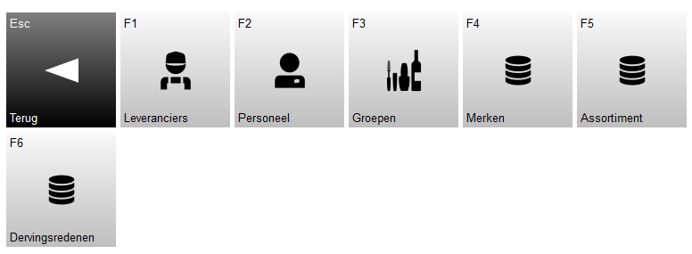 Screenshot van het menu Database beheer in Microcash. In dit scherm staan tegels voor Leveranciers, Personeel, Groepen, Merken, Assortiment en Dervingsredenen. Linksboven op elke tegel staat de bijbehorende functietoets, zoals F1 tot en met F6, waarmee de functie snel via het toetsenbord geopend kan worden. Links staat de knop Terug om terug te keren naar het vorige scherm.