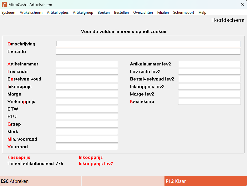 Screenshot van het Microcash artikelscherm in zoekmodus. In het midden staan invoervelden waarmee een artikel gezocht kan worden, zoals Omschrijving, Barcode, Artikelnummer, Leverancierscode, Inkoopprijs, Verkoopprijs, BTW, Groep, Merk en Voorraad. Rechts staan aanvullende zoekvelden zoals Artikelnummer level 2, Leverancierscode level 2, Inkoopprijs level 2 en Kassaknop. Bovenaan staat de tekst Voer de velden in waar u op wilt zoeken. Onderaan staan de knoppen ESC Afbreken en F12 Klaar om de zoekopdracht te annuleren of te bevestigen.