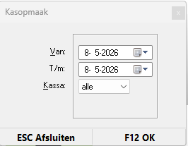 Selectievenster Kasopmaak in Microcash. In dit scherm kan een periode worden gekozen met de velden Van en T/m. Daaronder kan bij Kassa worden gekozen voor alle kassa’s of een specifieke kassa. Onderaan staan de knoppen ESC Afsluiten om te annuleren en F12 OK om de kasopmaak te openen voor de geselecteerde periode en kassa.