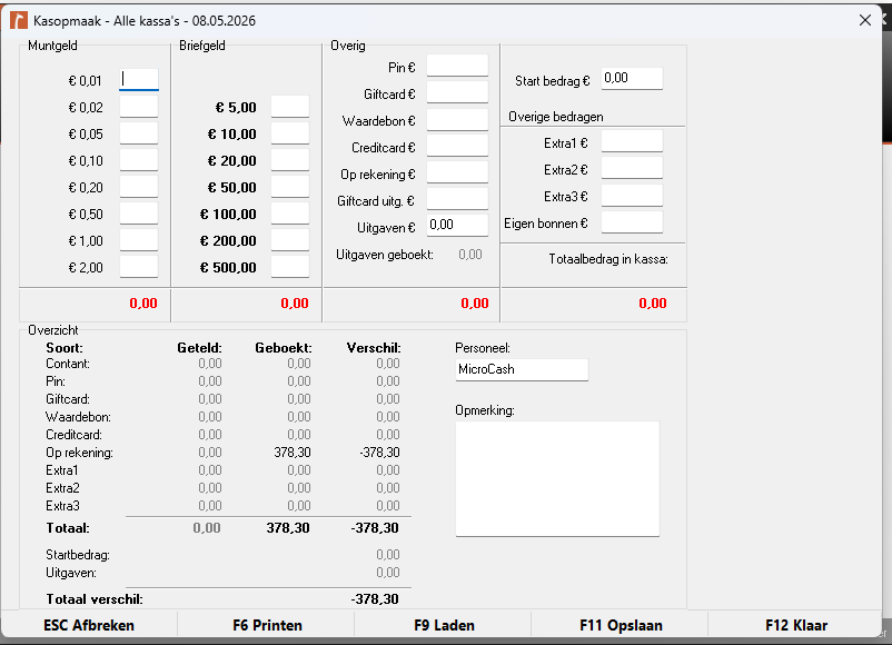 Screenshot van het scherm Kasopmaak in Microcash. In dit scherm kunnen de getelde kasbedragen worden ingevuld, verdeeld over Muntgeld, Briefgeld en Overig. Rechts kunnen onder andere het startbedrag, extra bedragen en eigen bonnen worden ingevoerd. Onderaan staat een overzicht per betaalmethode met de kolommen Geteld, Geboekt en Verschil, zodat eventuele kasverschillen gecontroleerd kunnen worden. Rechts onderin kunnen het personeelslid en een opmerking worden ingevuld. Onderaan staan de acties ESC Afbreken, F6 Printen, F9 Laden, F11 Opslaan en F12 Klaar.