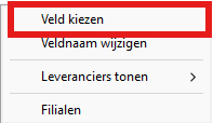 Contextmenu in het Microcash artikelscherm waarbij de optie Veld kiezen rood is omlijnd. Met deze optie kan een extra veld worden toegevoegd aan de schermweergave van het artikelscherm.