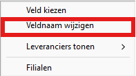 Contextmenu in het Microcash artikelscherm waarbij de optie Veldnaam wijzigen rood is omlijnd. Met deze optie kan de naam van een bestaand veld in het artikelscherm worden aangepast.