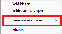 Contextmenu in het Microcash artikelscherm waarbij de optie Leveranciers tonen rood is omlijnd. Met deze optie wordt een overzicht geopend van de leveranciers die aan het geselecteerde artikel zijn gekoppeld.
