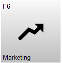 Knop F6 – Marketing met een stijgende pijl als icoon. Met deze knop wordt het marketingmenu geopend, waar marketingfuncties zoals folders, setprijzen en kortingen beheerd kunnen worden.