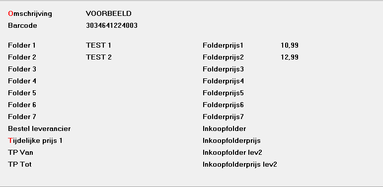 Gedeelte van het Microcash artikelscherm met foldergegevens van een voorbeeldartikel. Links staan de velden Folder 1 tot en met Folder 7, waarin foldercodes kunnen worden ingevuld. Rechts staan de bijbehorende velden Folderprijs 1 tot en met Folderprijs 7, waarin de actieprijs per folder kan worden ingevoerd. In het voorbeeld zijn Folder 1 en Folder 2 ingevuld met foldercodes en bijbehorende folderprijzen. Onderaan staan aanvullende velden voor tijdelijke prijzen en inkoopfoldergegevens.