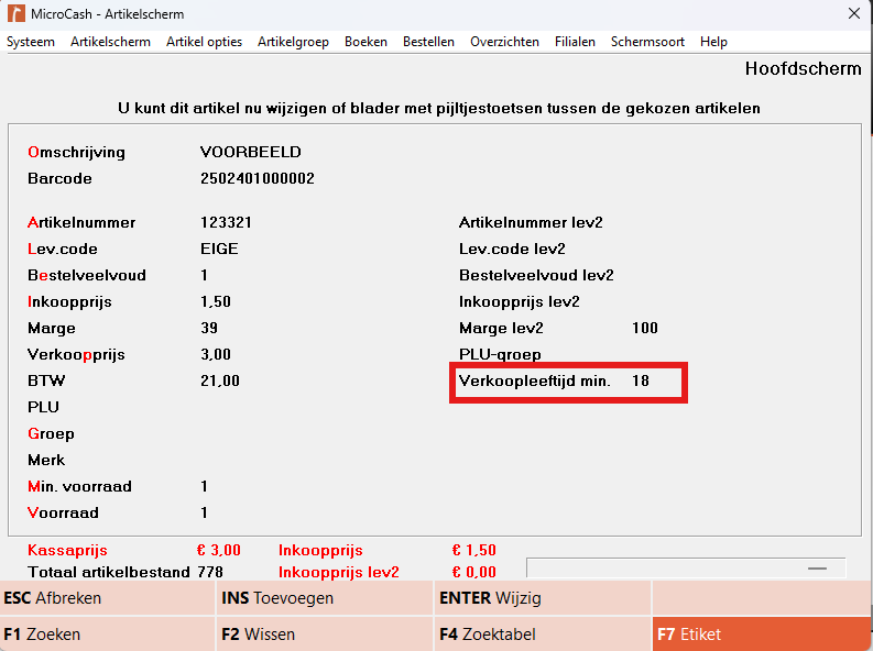 Screenshot van het Microcash artikelscherm met een geopend voorbeeldartikel. Het veld Verkoopleeftijd min. is rood omlijnd en staat ingesteld op 18. Met dit veld wordt bepaald welke minimale leeftijd een klant moet hebben om het artikel te mogen kopen. Wanneer dit artikel in het kassascherm wordt gescand, toont Microcash automatisch een leeftijdscontrole met de minimale geboortedatum.