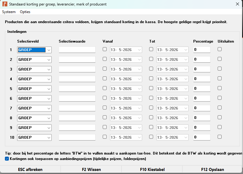 Screenshot van het scherm Collectieve kortingen in Microcash. In dit scherm kunnen standaardkortingen worden ingesteld op basis van criteria zoals groep, leverancier, merk of producent. Per regel kan een selectiewaarde, begin- en einddatum, kortingspercentage en eventuele uitsluiting worden ingevuld. Onderaan staan de opties ESC Afbreken, F2 Wissen, F10 Kiestabel en F12 Opslaan. Ook is er een optie aangevinkt om kortingen toe te passen op aanbiedingsprijzen, zoals tijdelijke prijzen en folderprijzen.