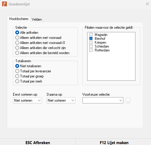 Screenshot van het scherm Goederenlijst / Voorraadlijst in Microcash. In dit scherm kunnen de eigenschappen van de voorraadlijst worden ingesteld. Links staan selectieopties, zoals Alle artikelen, Alleen artikelen met voorraad, Alleen artikelen met voorraad < 0, Alleen artikelen die verkocht zijn en Alleen artikelen die besteld worden. Daaronder staan opties om totalen te tonen per leverancier, groep of merk. Rechts kan worden gekozen voor welke filialen de lijst geldt. Onderaan kunnen sorteringen en een voorkeuzeselectie worden ingesteld. Onderaan staan de knoppen ESC Afbreken en F12 Lijst maken.