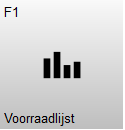 Knop F1 – Voorraadlijst met een staafdiagram-icoon. Met deze knop wordt de voorraadlijst geopend, waarmee een overzicht van artikelen en voorraadgegevens kan worden gemaakt.