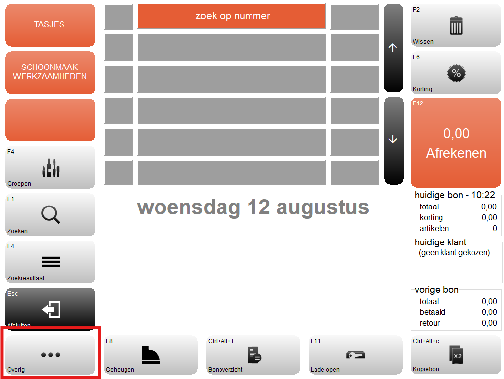 Screenshot van het kassascherm in Microcash. Linksonder is de knop Overig rood gemarkeerd. Met deze knop opent u het menu met aanvullende kassafuncties.