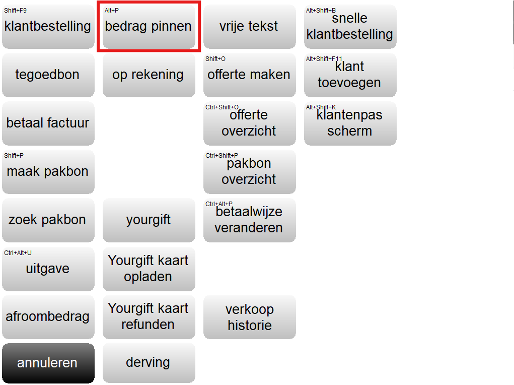 Screenshot van het menu Overig in Microcash. De knop Alt+P – bedrag pinnen is rood gemarkeerd. Met deze functie kunt u een door de klant gewenst bedrag via pin laten betalen.