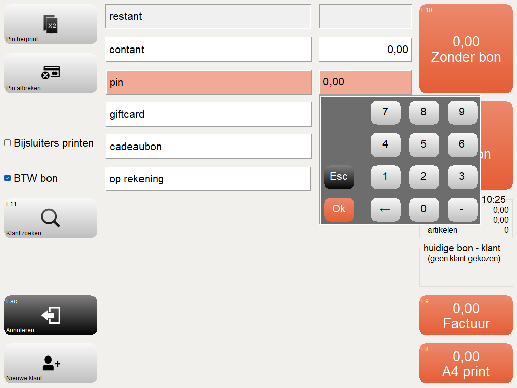 Screenshot van het afrekenscherm in Microcash met de betaalwijze pin geselecteerd. Rechts staat een numeriek toetsenblok waarmee het gewenste bedrag kan worden ingevoerd. Met OK bevestigt u het ingevoerde bedrag en met ESC annuleert u de invoer.