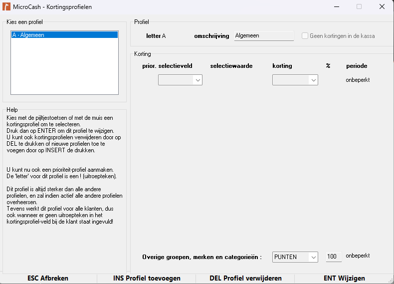 Screenshot van het scherm Microcash – Kortingsprofielen. Links staan de bestaande kortingsprofielen. Rechts kunnen per profiel de omschrijving en kortingsregels worden ingesteld, waaronder prioriteit, selectieveld, selectiewaarde, korting, percentage en periode. Onderaan staan de acties ESC – Afbreken, INS – Profiel toevoegen, DEL – Profiel verwijderen en ENT – Wijzigen.