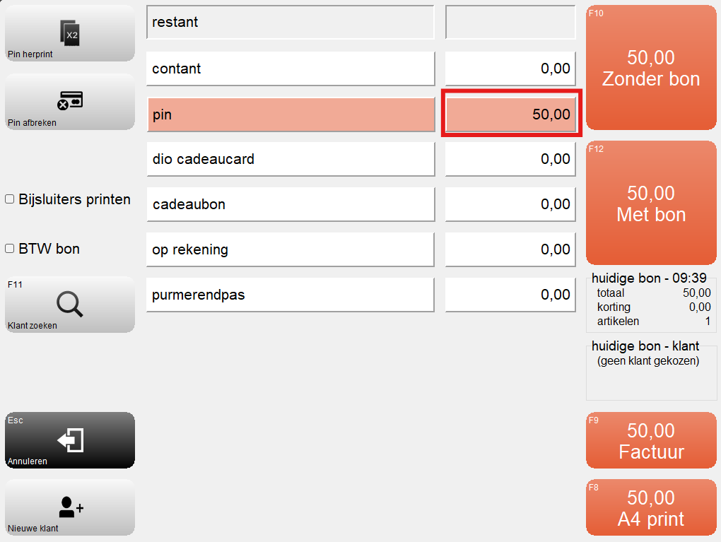 Screenshot van het afrekenscherm in Microcash met een totaalbedrag van € 50,00. Het bedragveld naast de betaalwijze pin is rood gemarkeerd. Door op dit veld te klikken kunt u aangeven welk gedeelte van het totaalbedrag met pin wordt betaald.