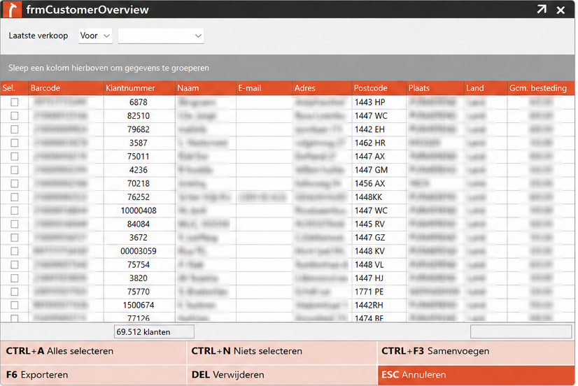 Screenshot van het scherm Klantenpasoverzicht in Microcash. Het scherm toont klantgegevens in kolommen, waaronder Barcode, Klantnummer, Naam, E-mail, Adres, Postcode en Plaats. Boven de lijst staat een gebied waar kolommen naartoe kunnen worden gesleept om de gegevens te groeperen. Onderaan staan onder andere CTRL+A – Alles selecteren, CTRL+N – Niets selecteren, CTRL+F3 – Samenvoegen, F6 – Exporteren, DEL – Verwijderen en ESC – Annuleren.