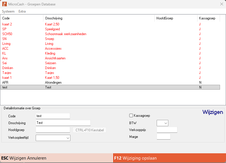 Screenshot van het scherm Microcash – Groepen Database. Bovenaan staat een overzicht van bestaande groepen met de kolommen Code, Omschrijving, HoofdGroep en Kassagroep. Onderaan staan de instellingen van de geselecteerde groep, waaronder Code, Omschrijving, Hoofdgroep, Verkoopleeftijd, Kassagroep, BTW, Verkoopprijs en Marge. Onderaan zijn onder andere de acties ENTER – Wijzigen, INS – Nieuwe groep, F2 – Verwijderen, F9 – Groepenlijst en F11 – Aantal artikelen beschikbaar.