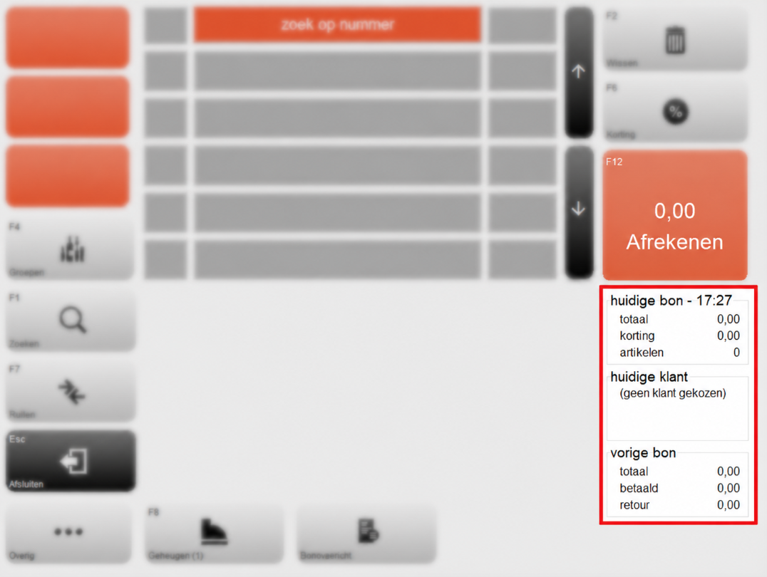 Screenshot van het kassascherm in Microcash waarbij rechts het informatieblok rood is omlijnd. In dit gedeelte staan huidige bon met totaalbedrag, korting en aantal artikelen, huidige klant met de geselecteerde klant en vorige bon met totaal, betaald bedrag en retour. De rest van het kassascherm wordt licht vervaagd, zodat de aandacht op dit informatieblok wordt gericht.