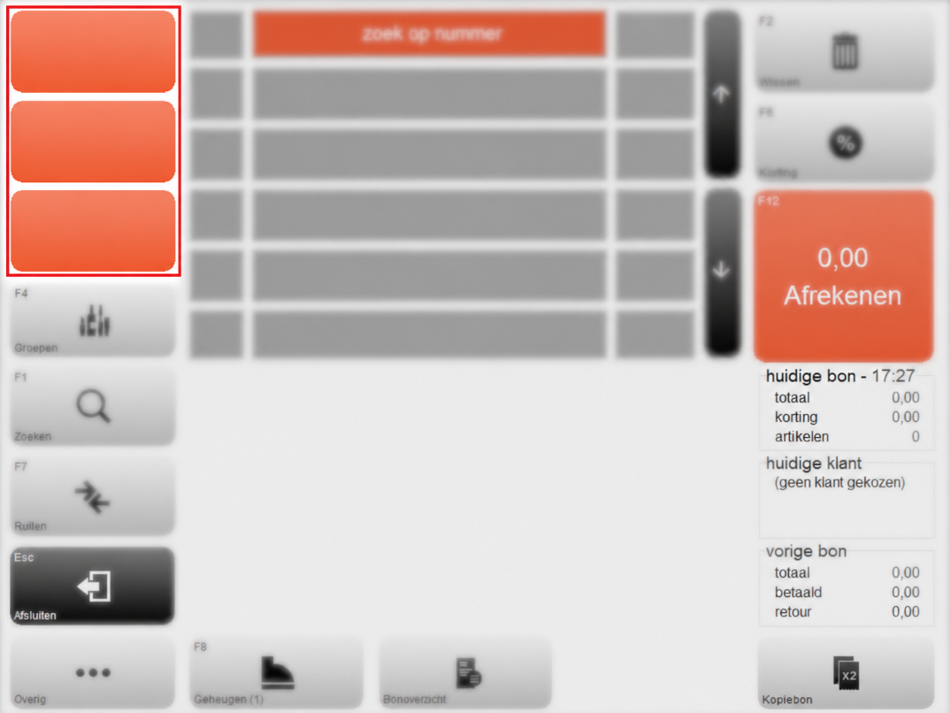 Screenshot van het kassascherm in Microcash waarbij linksboven drie oranje snelkeuzeknoppen rood zijn omlijnd. Deze knoppen kunnen worden gebruikt voor direct toegankelijke artikel- of kassafuncties. De rest van het kassascherm is licht vervaagd, zodat de aandacht op de gemarkeerde knoppen wordt gericht.