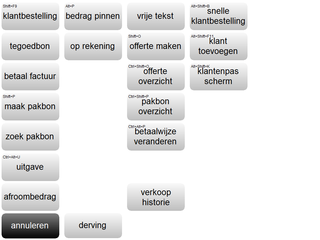 Screenshot van het menu Overig in het kassascherm van Microcash. Het scherm bevat aanvullende functies zoals klantbestelling, bedrag pinnen, vrije tekst, tegoedbon, op rekening, offerte maken, klant toevoegen, pakbon, uitgave, betaalwijze veranderen, verkoop historie en derving. Bij verschillende functies staat linksboven de bijbehorende sneltoets.