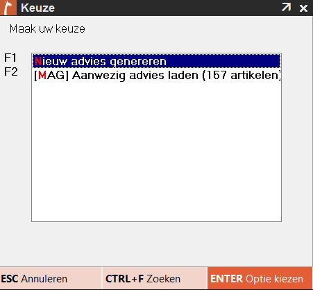 Screenshot van het keuzescherm van Bestellijst 2.0. U kunt kiezen voor F1 – Nieuw advies genereren of F2 – Aanwezig advies laden. Onderaan staan ESC – Annuleren, CTRL+F – Zoeken en ENTER – Optie kiezen.