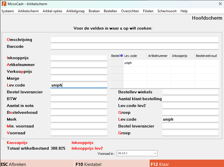 Screenshot van het Artikelscherm in Microcash waarin een selectie voor het besteladvies kan worden gemaakt. Er kan onder andere worden gezocht op omschrijving, barcode, inkoopprijs, artikelnummer, leverancierscode, bestelleverancier, groep, merk, minimumvoorraad en voorraad. Met F12 – Klaar bevestigt u de selectie.