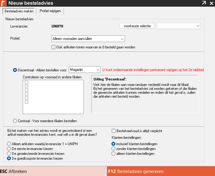 Screenshot van het scherm Nieuw besteladvies. Hier kunt u onder andere de leverancier, het profiel, filialen, de keuze voor een eventuele tweede leverancier en de verwerking van klantenbestellingen instellen. Met F12 – Besteladvies genereren maakt u het advies.