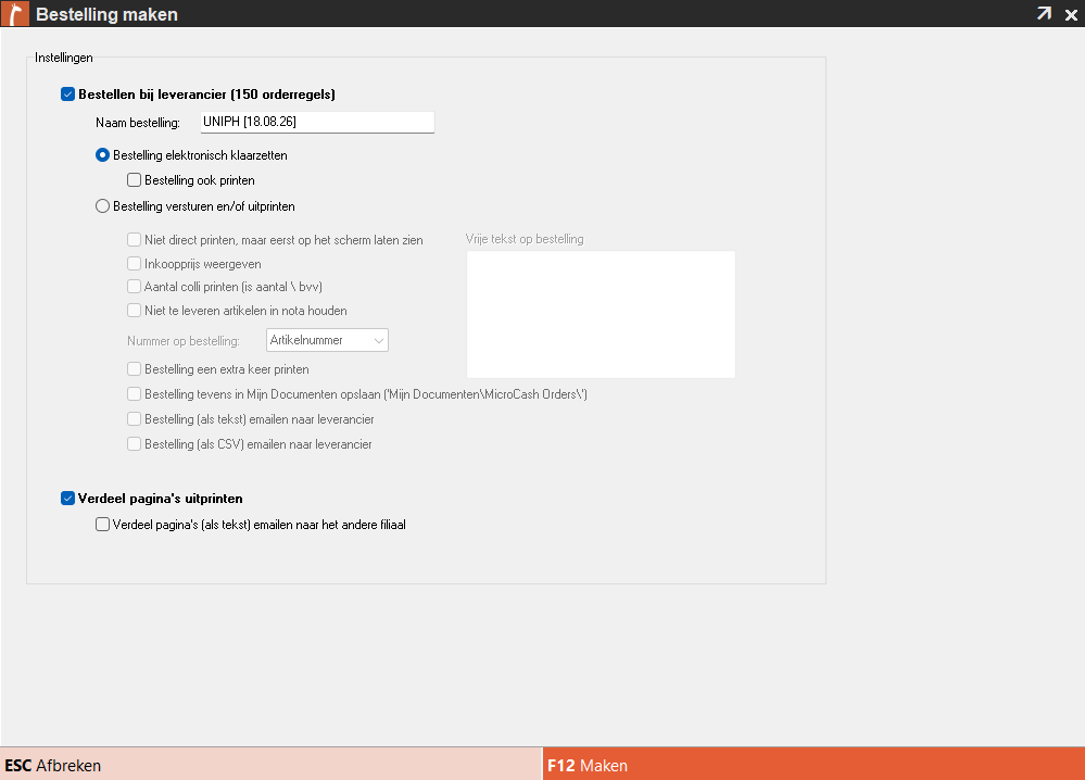 Screenshot van het scherm Bestelling maken in Microcash. Bovenaan kan worden aangegeven of de bestelling daadwerkelijk bij de leverancier wordt geplaatst en welke naam de bestelling krijgt. Vervolgens kan worden gekozen tussen Bestelling elektronisch klaarzetten of Bestelling versturen en/of uitprinten. Afhankelijk van de gekozen methode zijn aanvullende opties beschikbaar voor printen, opslaan en e-mailen. Onderaan staan ESC – Afbreken en F12 – Maken.