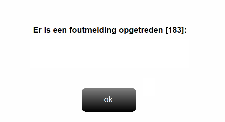 Foutmelding in Microcash met de tekst “Er is een foutmelding opgetreden [183]!”. Onderaan staat de knop OK om de melding te sluiten.