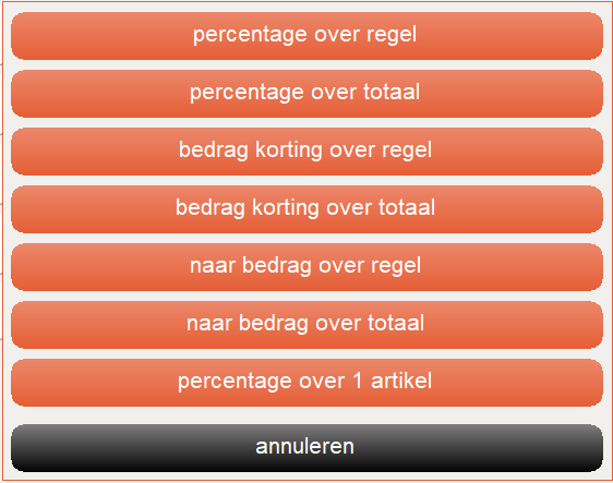 Screenshot van het keuzescherm Korting in Microcash. Hier kunt u bepalen hoe de korting wordt berekend. Beschikbare keuzes zijn percentage over regel, percentage over totaal, bedrag korting over regel, bedrag korting over totaal, naar bedrag over regel, naar bedrag over totaal en percentage over 1 artikel. Met annuleren sluit u het scherm zonder een korting toe te passen.