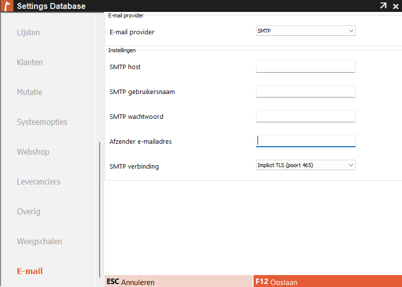 Screenshot van Settings Database > E-mail in Microcash met SMTP geselecteerd als e-mailprovider. In dit scherm kunnen de SMTP host, SMTP gebruikersnaam, SMTP wachtwoord, het afzender e-mailadres en de SMTP verbinding worden ingesteld. Onderaan staan ESC – Annuleren en F12 – Opslaan.