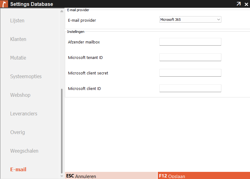 Screenshot van Settings Database > E-mail in Microcash met Microsoft 365 geselecteerd als e-mailprovider. De benodigde velden zijn Afzender mailbox, Microsoft tenant ID, Microsoft client secret en Microsoft client ID. Onderaan staan ESC – Annuleren en F12 – Opslaan.