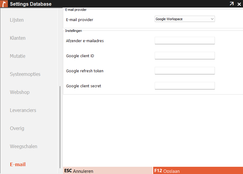 Screenshot van Settings Database > E-mail in Microcash met Google Workspace geselecteerd als e-mailprovider. De benodigde velden zijn Afzender e-mailadres, Google client ID, Google refresh token en Google client secret. Onderaan staan ESC – Annuleren en F12 – Opslaan.