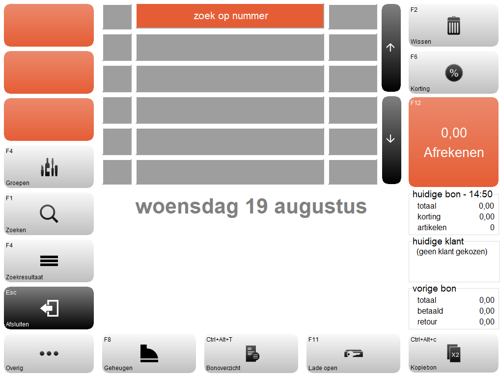Screenshot van het kassascherm in Microcash. Centraal staat het winkelmandje waarin gescande of opgezochte artikelen worden weergegeven. Links staan onder andere F4 – Groepen, F1 – Zoeken, F4 – Zoekresultaat, ESC – Afsluiten en Overig. Rechts staan F2 – Wissen, F6 – Korting en F12 – Afrekenen. Rechtsonder wordt informatie getoond over de huidige bon, huidige klant en vorige bon. Onderaan zijn daarnaast F8 – Geheugen, Bonoverzicht, F11 – Lade open en Kopiebon beschikbaar.