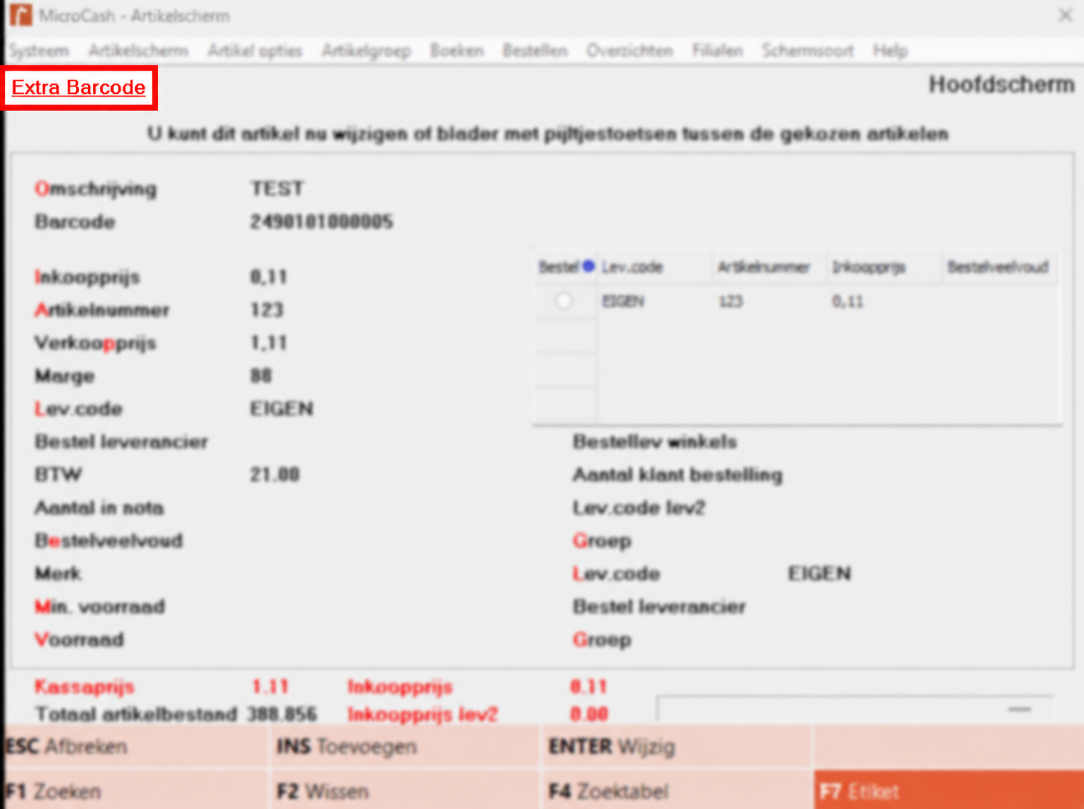 Screenshot van het Artikelscherm in Microcash. De link Extra Barcode is rood omlijnd en uitgelicht. Via deze link opent u een overzicht met extra barcodes die aan het artikel gekoppeld zijn. De rest van het scherm is vervaagd om de aandacht op deze functie te richten.