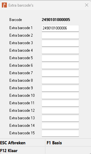 Screenshot van het venster Extra barcode's in Microcash. Bovenaan staat de huidige Barcode en daaronder een lijst met velden voor Extra barcode 1 tot en met Extra barcode 15. Onderaan staan ESC – Afbreken, F1 – Basis en F12 – Klaar.