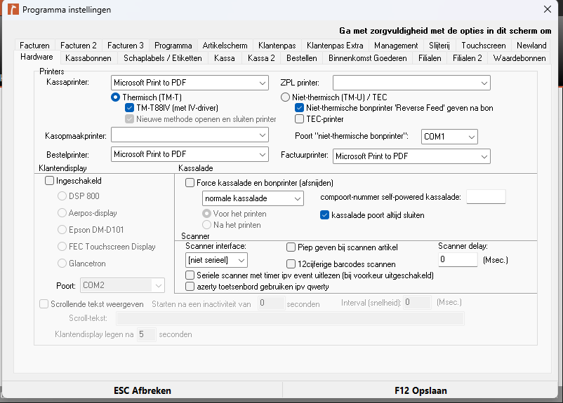 Screenshot van Programma instellingen > Hardware in Microcash. Bovenaan staan de printerinstellingen voor onder andere Kassaprinter, Bestelprinter en Factuurprinter. Hier kunt u controleren of de juiste printer door Microcash wordt herkend en geselecteerd. Onderaan staan ESC – Afbreken en F12 – Opslaan.