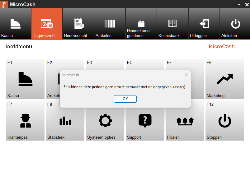 Screenshot van het hoofdmenu van Microcash met de melding “Er is binnen deze periode geen omzet gemaakt met de opgegeven kassa(s)”. De melding geeft aan dat Microcash voor de geselecteerde periode en kassa geen omzetgegevens kan vinden. Met OK sluit u de melding.